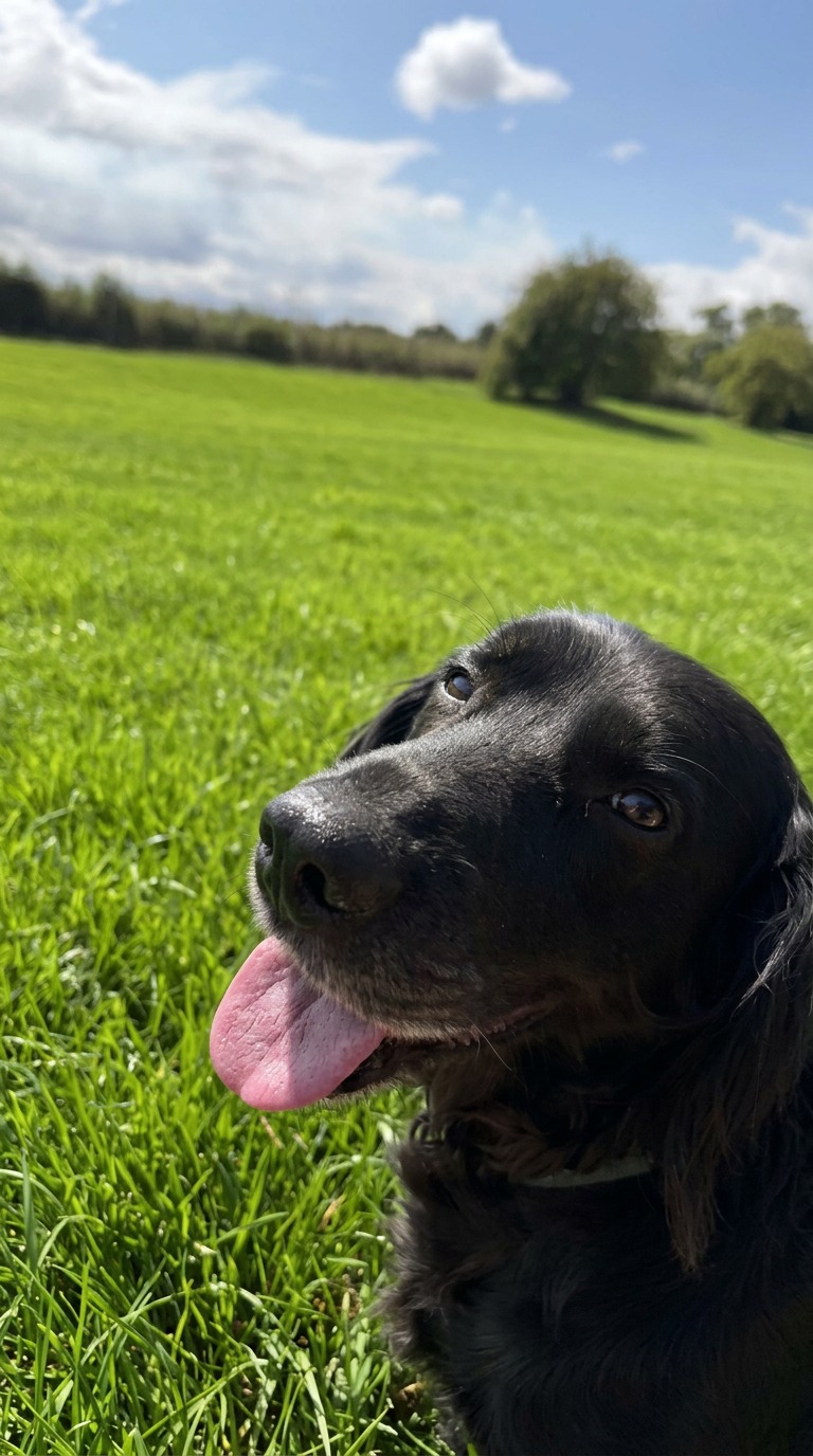 Black spaniel smiling in the sunshine