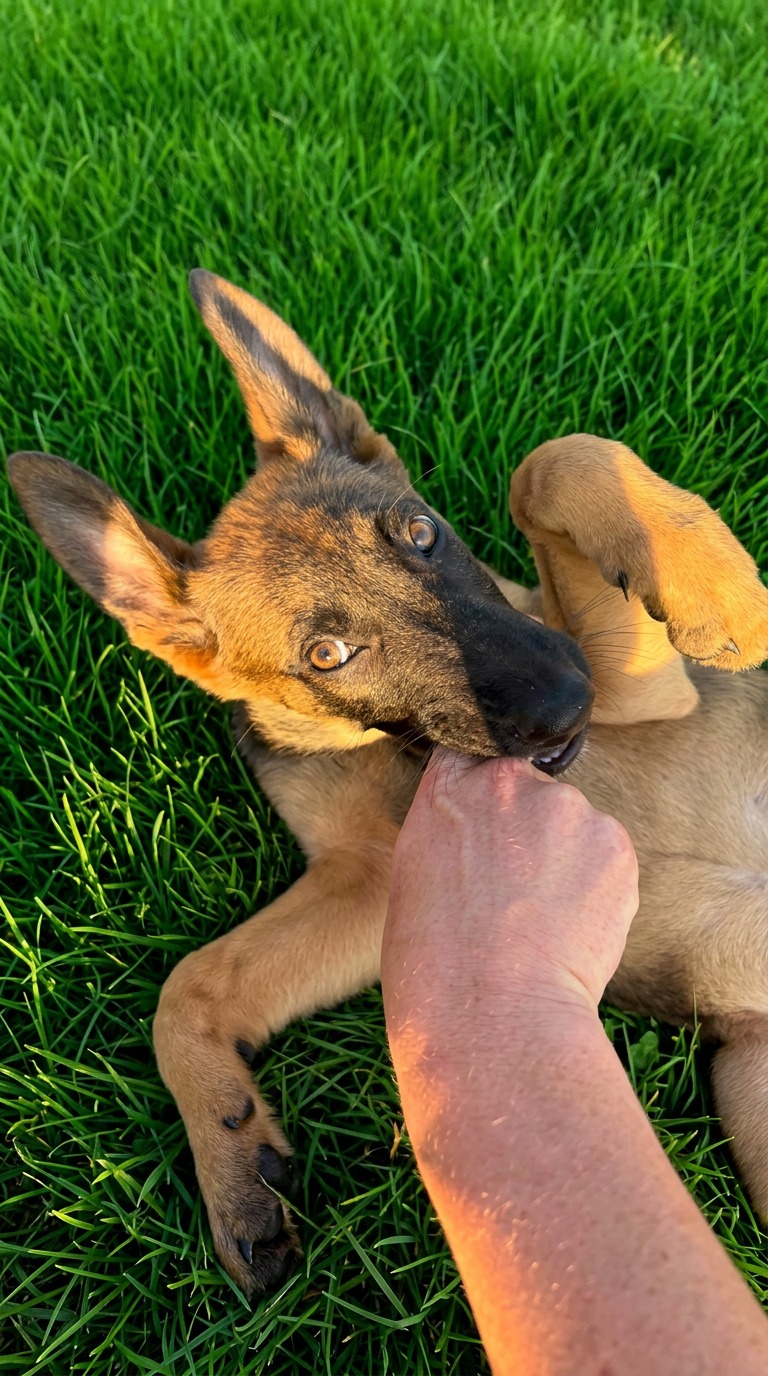 German shepherd puppy enjoying a belly rub on the grass