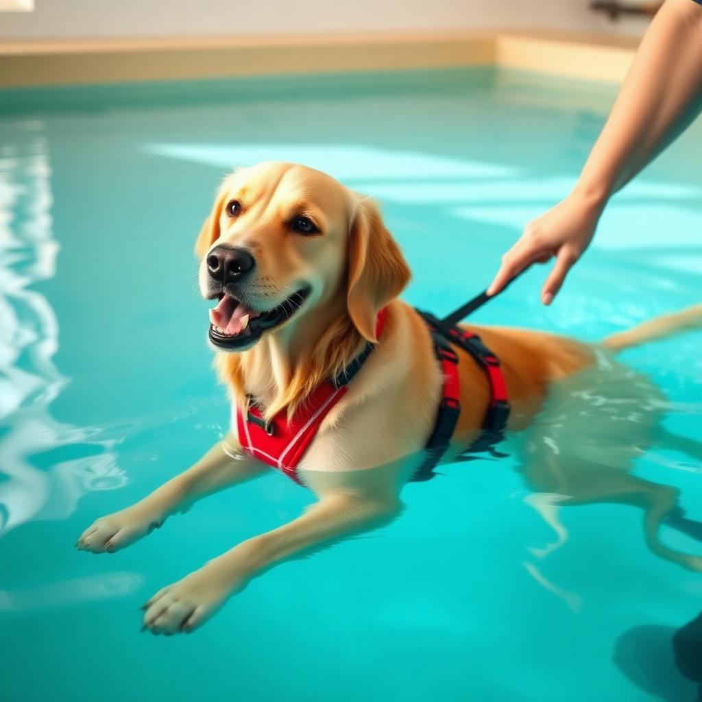 Golden retriever swimming in the Iconic Boarding heated hydrotherapy pool, supported in a red flotation harness by a qualified hydrotherapist